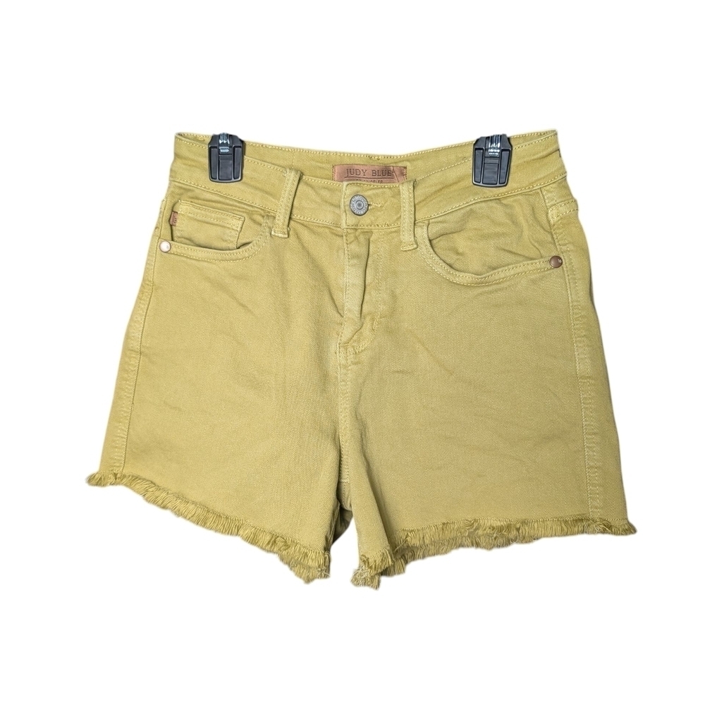 Judy Blue Women's Green/Yellow Frayed Hem Shorts Zipper Pockets Like New - Picture 10 of 10